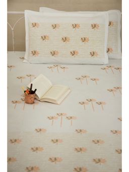 ADYA - Fossil & Orange Sacred Lotus Pure Cotton Bedsheet with Pillow Cover (King)