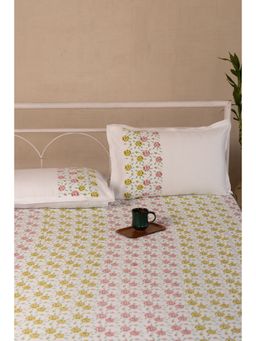 ADYA - Jade & Hibiscus Rose Hand Block Printed Bedsheet with Pillow Cover (King)