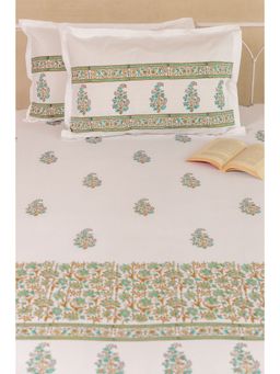 ADYA - Palace Green Summer Bouquet Pure Cotton Bedsheet with Pillow Cover (King)