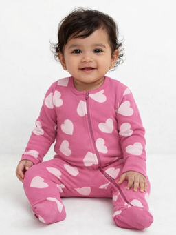 Blumbuds - Pink Cotton Heart Print Baby Sleepsuit