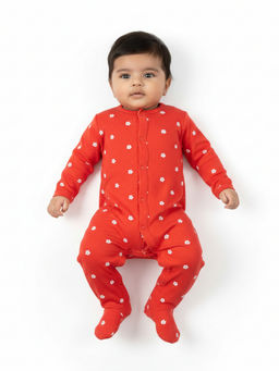 Blumbuds - Red Ditsy Flower Print Baby Zip Footed Sleepsuit