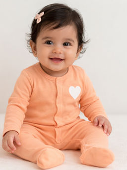 Blumbuds - Peach Heart Patch Baby Full Sleeve Sleepsuit