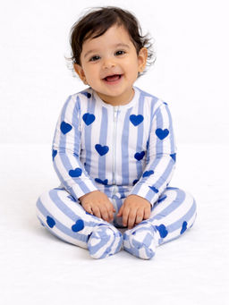 Blumbuds - Striped Heart Print Zip-Up Baby Sleepsuit