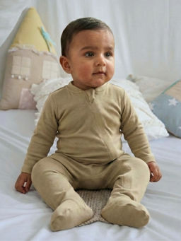 Cocoon Care - Beige Bamboo Cotton Knit Solid Full Sleeves Baby Sleepsuit