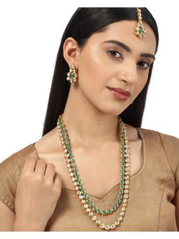 Voylla - Kundan Gold Plated Long Jewellery Set with Green Stones
