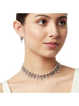 Voylla - Apsara Faux Pearls Adorned Silver Plated Brass Jewellery Set
