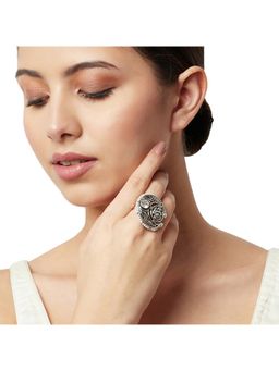 Voylla - Apsara Peacock Motif Silver Plated Faux Pearls Adorned Adjustable Brass Ring