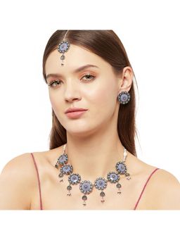Voylla - Arabian Nights Floral Motifs Faux Pearls Brass Oxidised Plated Jewellery Set