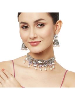 Voylla - Filigree Design Silver Toned Round Faux Pearls Jewellery Set