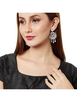 Voylla - Shwet Kamal Filigree Lotus Motif Teardrop Cut Silver Plated Earrings