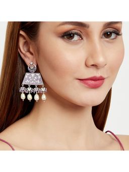 Voylla - Shwet Kamal Silver Plated Enamelled Faux Pearls Embellished Drop Earrings