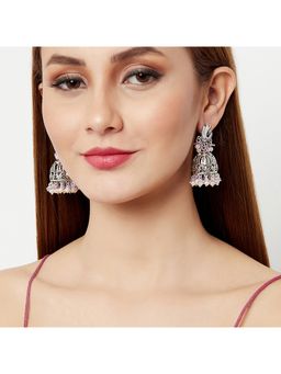 Voylla - Shwet Kamal Faux Pearls Adorned Peacock Motif Silver Plated Jhumka Earrings