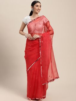 Vastranand - Red Colour Organza Party Wear Saree With Mirror Work with Unstitched Blouse