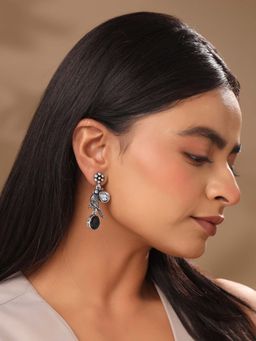 Yellow Chimes - Afghani Style Black Monalisa Stone Studded Earrings