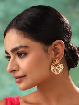 Yellow Chimes - Golden Peacock Shaped White Pearls Earrings