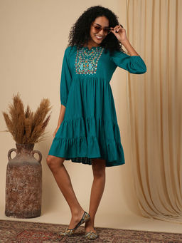 Globus - Women Green Embroidered Yoke Bishop Sleeves A-Line Tiered Dress