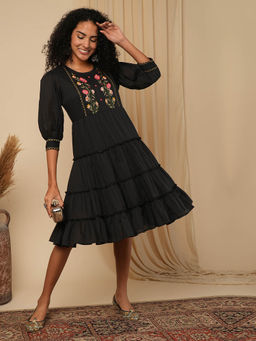 Globus - Women Black Floral Embroidered Yoke Cuff Sleeves Tiered A-Line Dress