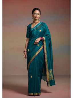 Dressfolk - Iraaya Teal Chanderi Handloom Saree with Unstitched Blouse