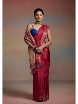 Dressfolk - Rhea Red Silk Handloom Saree with Unstitched Blouse