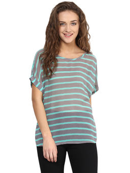 Miss Chase - Women's Mint and Grey Round Neck Continuous Sleeves Striped Sheer Top