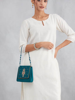 Fabindia - Teal Cotton Blend Sling Bag (M)