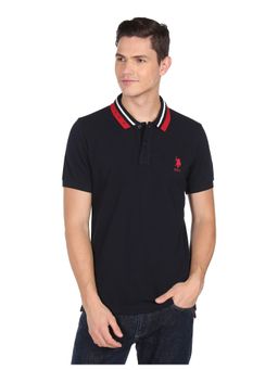 U.S. POLO ASSN. - Men Navy Brand Striped Collar Solid Polo T-Shirt