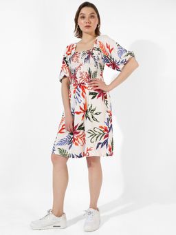 PINACOLADA - Women White,Pink Floral Printed Regular Fit Dress