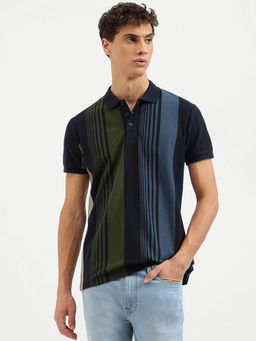 United Colors of Benetton - Regular Fit Polo Neck Stripes T-Shirt- Navy Blue