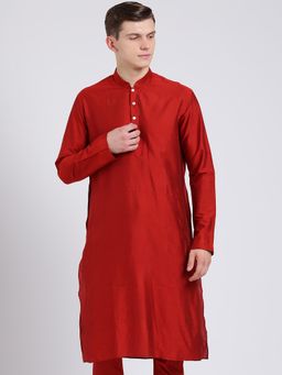 KISAH - Mens Red Cotton Silk Solid Kurta