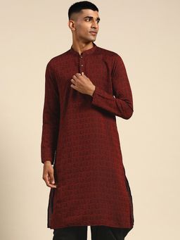KISAH - Mens Maroon Floral Woven Kurta