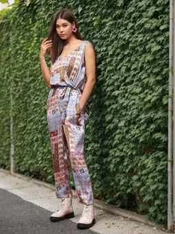 Sera - Blue Satin Tie Up Jumpsuit with Belt (Set of 2)