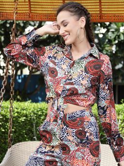 Sera - Women Multi-Color Printed Collar Neck Long Sleeve Crop Shirt