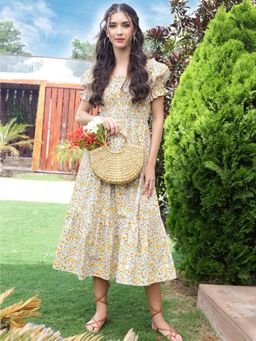 Sera - Yellow Premium Cotton Floral Midi Boho Dress