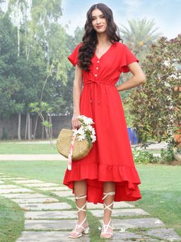 Sera - Red Asymmetric Ruffled Flared Midi Dress