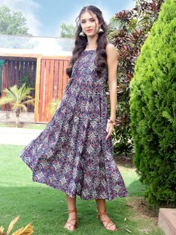 Sera - Navy Blue Cotton Boho Fit and Flared Midi Dress
