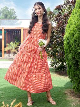 Sera - Orange Cotton Boho Fit and Flared Midi Dress