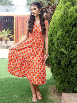Sera - Orange Cotton Boho Fit and Flared Midi Dress