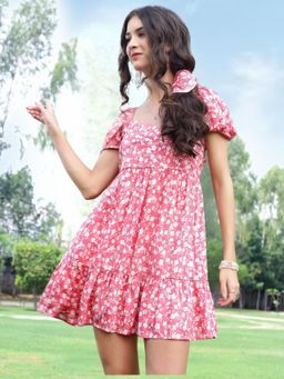 Sera - Pink Premium Viscose Puff Sleeve Fit & Flared Dress