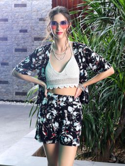 Sera - Black Premium Viscose Shrug & Crop Top with Shorts (Set of 3)