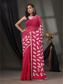 CHARUKRITI - Magenta Blended Cotton Handwoven Saree with Leaf Applique & Unstitched Blouse
