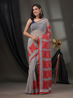 CHARUKRITI - Grey Cotton Blend Handwoven Saree with Texture Applique Borders & Unstitched Blouse