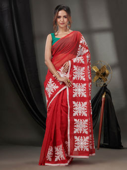 CHARUKRITI - Red Cotton Blend Handwoven Saree with Texture Applique Borders & Unstitched Blouse
