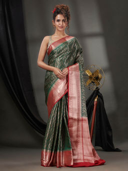 CHARUKRITI - Emerald Green Blended Silk Handwoven Saree with Woven Zari Designs & Unstitched Blouse