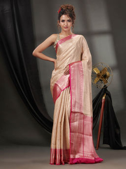 CHARUKRITI - Off White Blended Silk Handwoven Saree with Woven Zari Designs & Unstitched Blouse