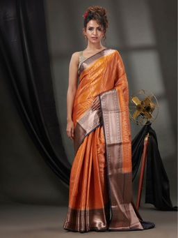 CHARUKRITI - Orange Blended Silk Handwoven Saree with Woven Zari Designs & Unstitched Blouse