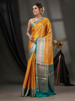 CHARUKRITI - Mustard Blended Silk Handwoven Saree with Woven Zari Designs & Unstitched Blouse