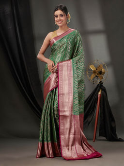 CHARUKRITI - Green Blended Silk Handwoven Saree with Woven Zari Designs & Unstitched Blouse