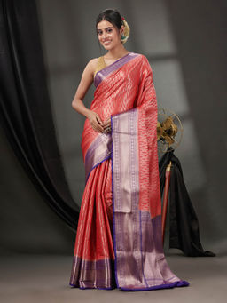 CHARUKRITI - Red Blended Silk Handwoven Saree with Woven Zari Designs & Unstitched Blouse
