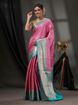 CHARUKRITI - Pink Blended Silk Handwoven Saree with Woven Zari Designs & Unstitched Blouse