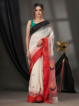 CHARUKRITI - White Cotton Handspun Handwoven Saree with Woven Designs & Unstitched Blouse